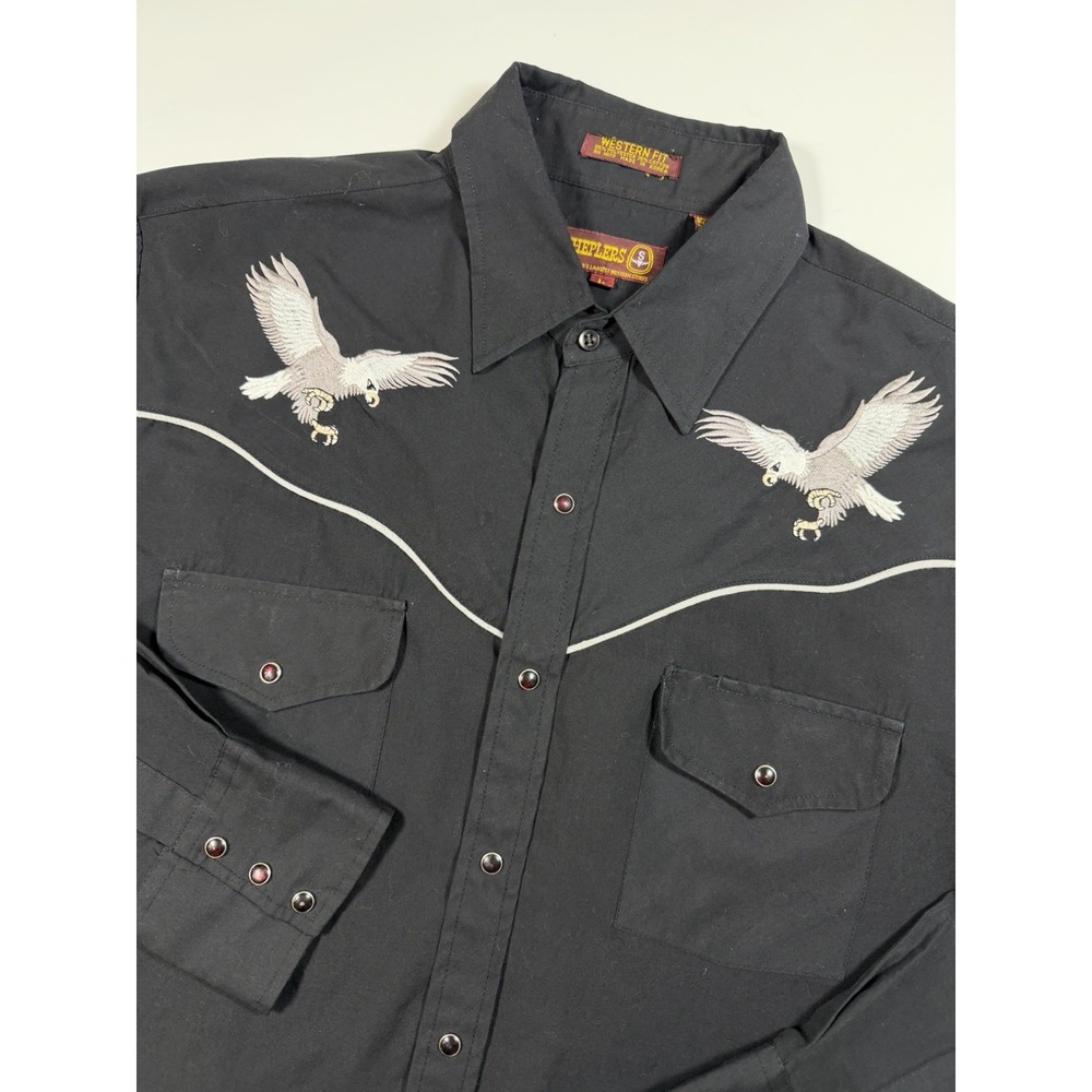 Vintage Sheplers Western Shirt Mens Large Black Embroidered Eagle Pearl Snap
